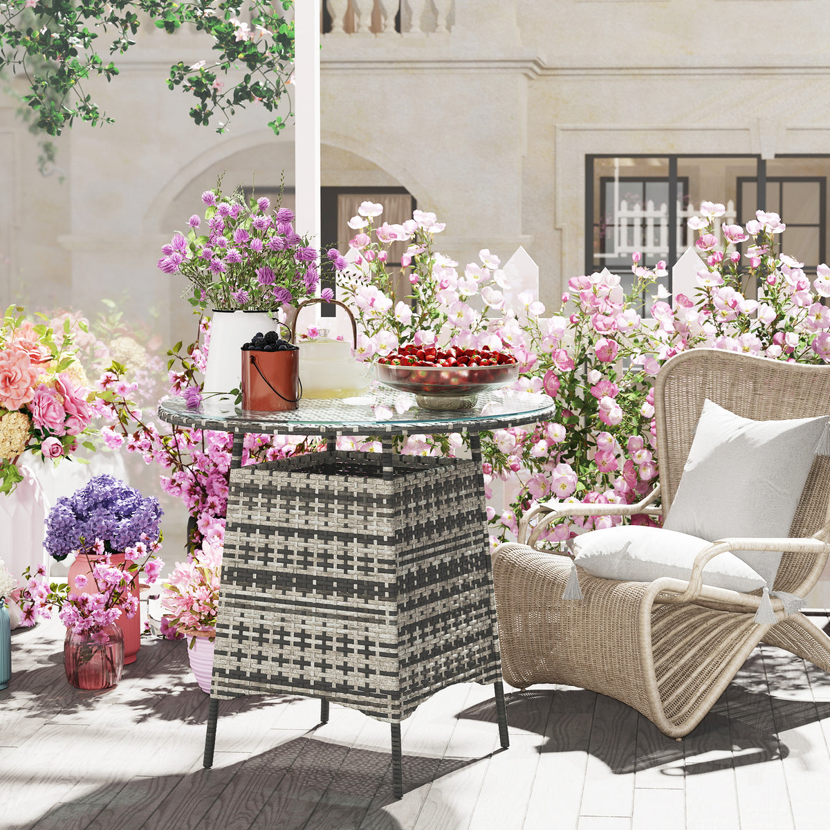Outsunny Wicker Garden Rattan Table, Patio Furniture Outdoor Coffee Table with Umbrella Hole and Tempered Glass Top, Grey
