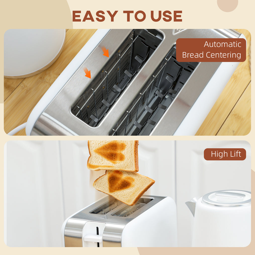 Stainless Steel Kettle and Toaster Set, 1.7L 3000W Fast Boil Kettle & 2 Slice Toaster Kitchen Set with 7 Level Browning Controls, Defrost, Reheat, Auto Off, Boil-dry Protection, White