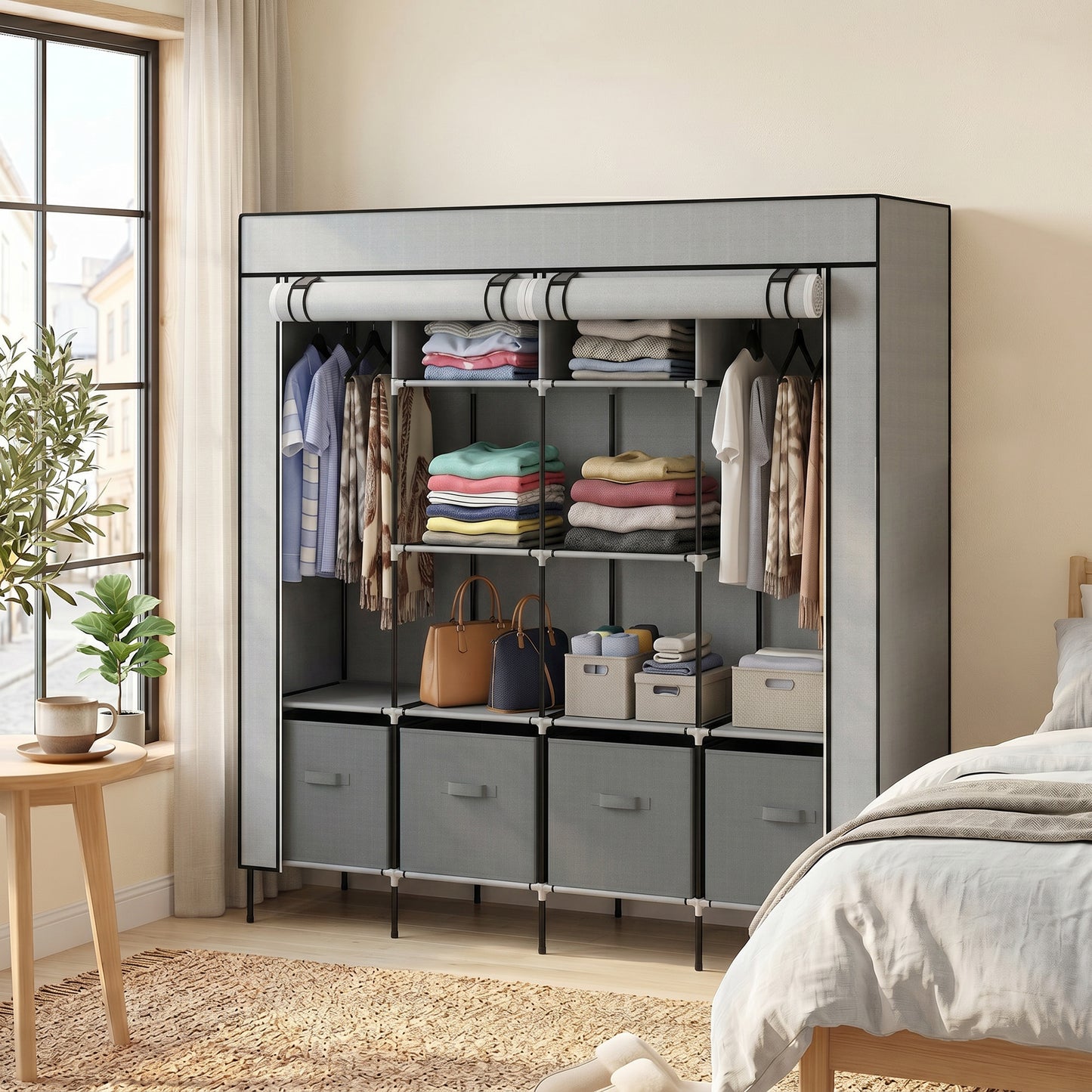 Fabric Wardrobe for Bedroom, Portable Cloth Wardrobe with 10 Compartments, 2 Hanging Rails and 4 Fabric Drawers, 166 x 42.5 x 169.5cm, Dark Grey
