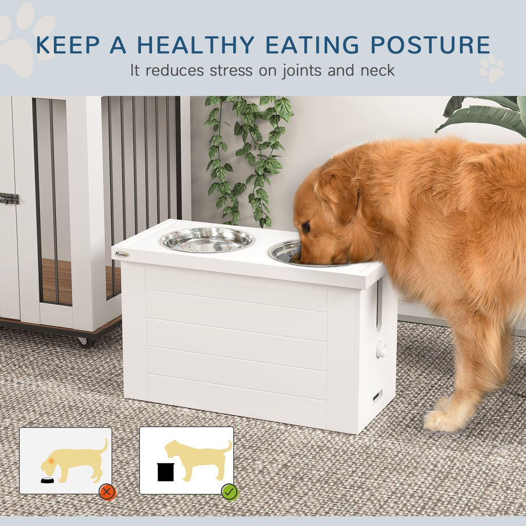 PawHut Raised Dog Bowls w/ Slow Feeder Mat, Storage Cabinet, Three Stainless Steel Bowls, Semi Auto Dispenser Function, White