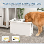 PawHut Raised Dog Bowls w/ Slow Feeder Mat, Storage Cabinet, Three Stainless Steel Bowls, Semi Auto Dispenser Function, White