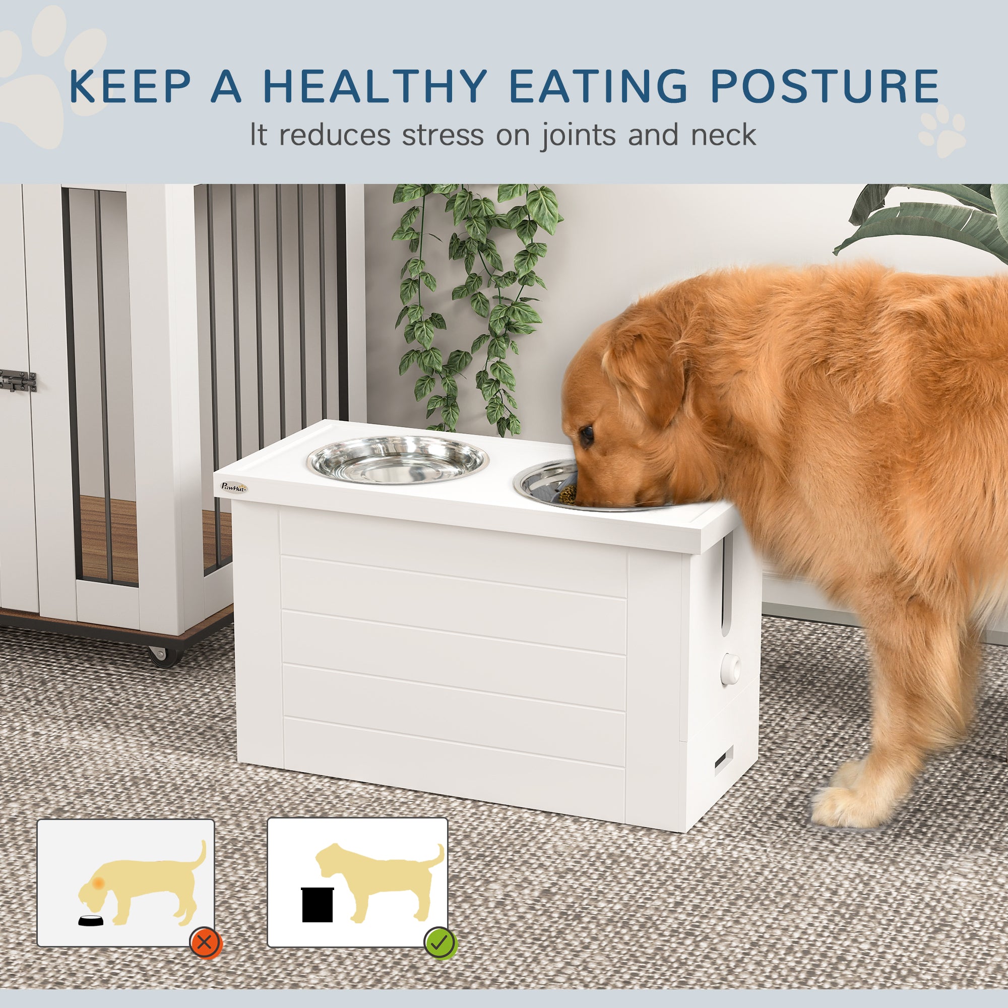 PawHut Raised Dog Bowls w/ Slow Feeder Mat, Storage Cabinet, Three Stainless Steel Bowls, Semi Auto Dispenser Function, White
