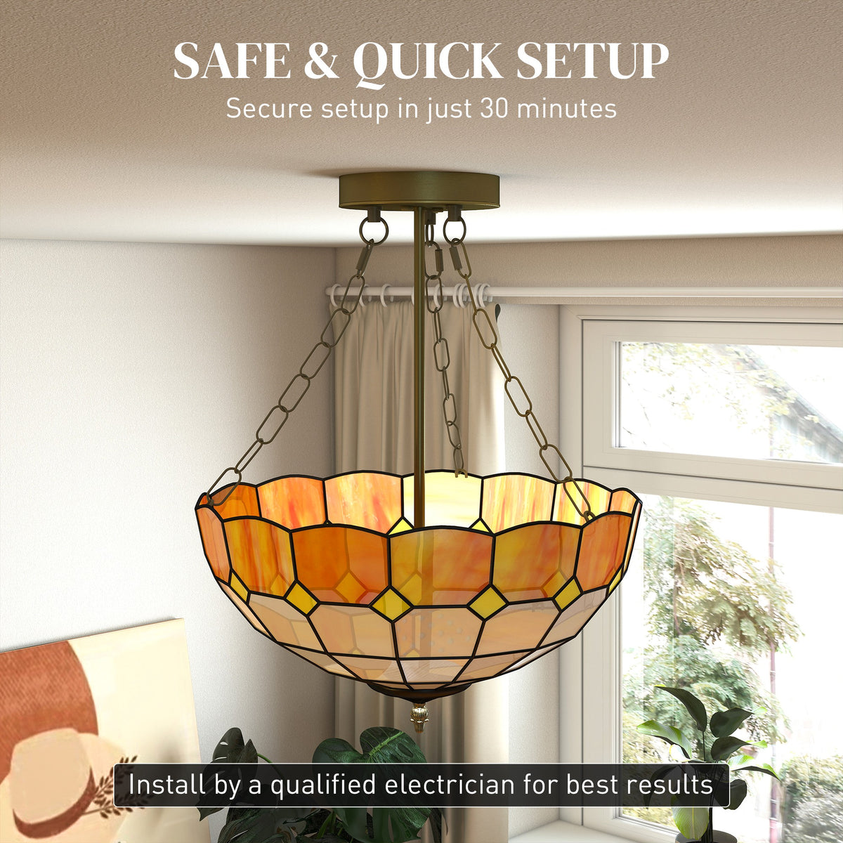 Tiffany Style Ceiling Light, Vintage Chandelier with 3 E27 Sockets, Semi Flush Mount for Living Room, Bulbs Not Included