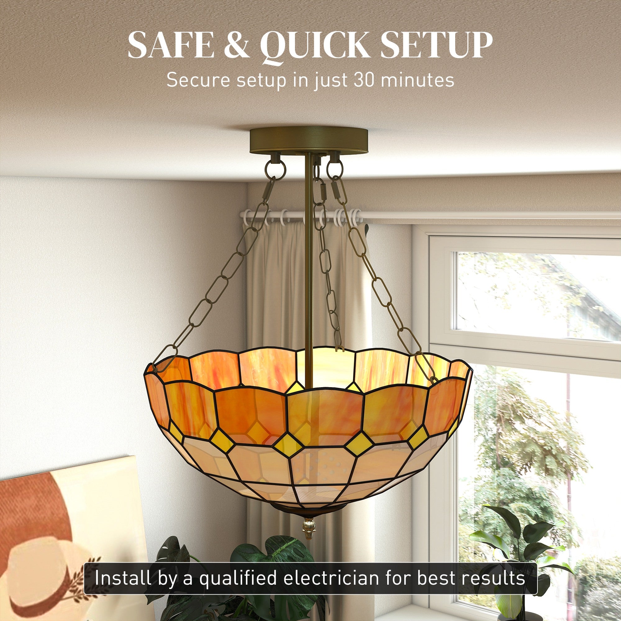 Tiffany Style Ceiling Light, Vintage Chandelier with 3 E27 Sockets, Semi Flush Mount for Living Room, Bulbs Not Included