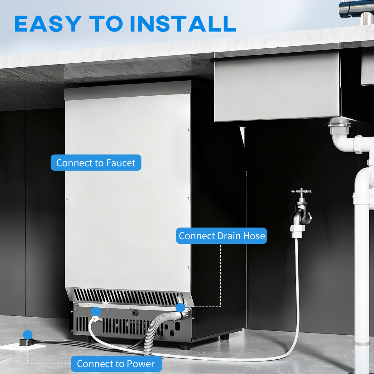 Commercial Ice Maker Machine, Freestanding Stainless Steel Ice Machine with Self-Cleaning, LCD Display, 45kg/24 Hours and 11kg Ice Storage for Home, Office, Bar, Restaurant, Supermarkets
