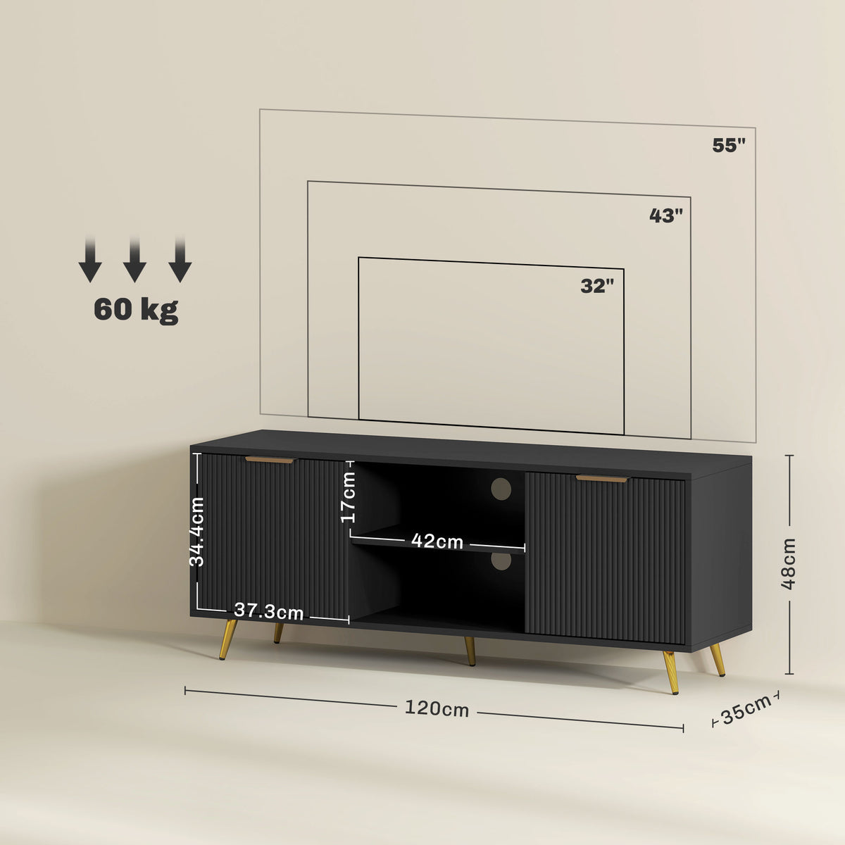 Modern TV Stand Cabinet for TVs up to 55", TV Unit with 2 Open Shelves and 2 Cabinets, Entertainment Centre with Cable Management for Living Room, Black