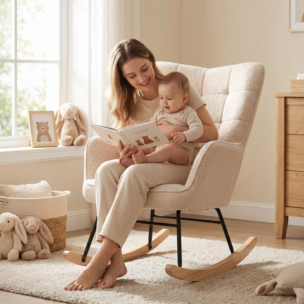 Berber Fleece Nursery Glider Rocker, Wingback Rocking Chair for Living Room, Beige