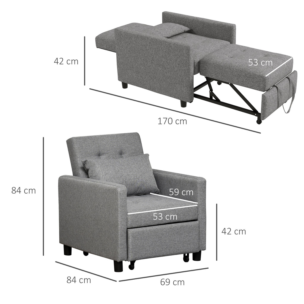 HOMCOM 3-In-1 Single Chair Bed with Adjustable Backrest, Pillow and Footrest for Living Room, Grey