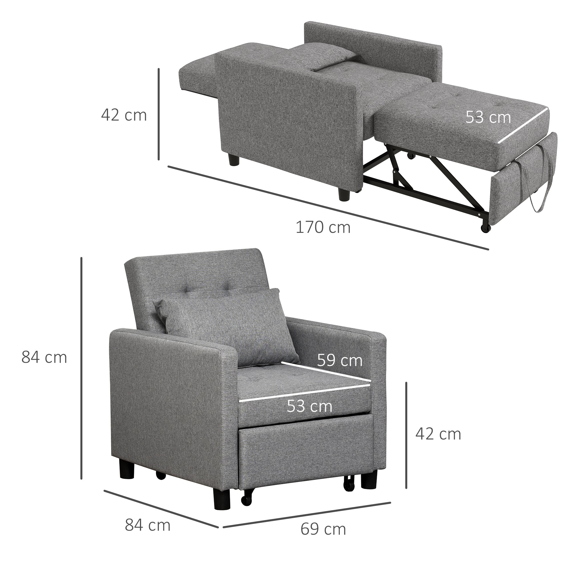 HOMCOM 3-In-1 Single Chair Bed with Adjustable Backrest, Pillow and Footrest for Living Room, Grey