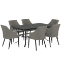 Outsunny 6 Seater Rattan Dining Set with Cushions, Garden Furniture Set with Armchairs, Rectangle Slatted Table Top, Steel Frame, Parasol Hole, Wicker Outdoor Furniture for Patio, Balcony, Grey