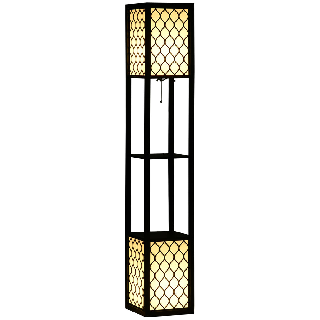 Floor Lamp with Shelves, Modern Tall Standing Lamps with Fabric Lampshade, Chain Switch and Dual Light for Living Room, Bedroom, Bulb not Included, Black