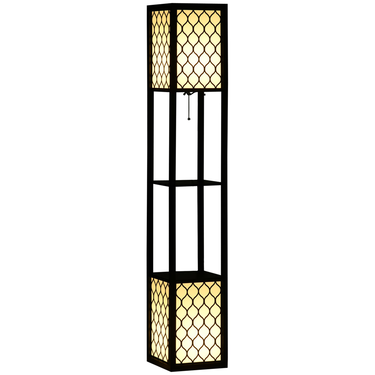Floor Lamp with Shelves, Modern Tall Standing Lamps with Fabric Lampshade, Chain Switch and Dual Light for Living Room, Bedroom, Bulb not Included, Black