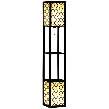 Floor Lamp with Shelves, Modern Tall Standing Lamps with Fabric Lampshade, Chain Switch and Dual Light for Living Room, Bedroom, Bulb not Included, Black