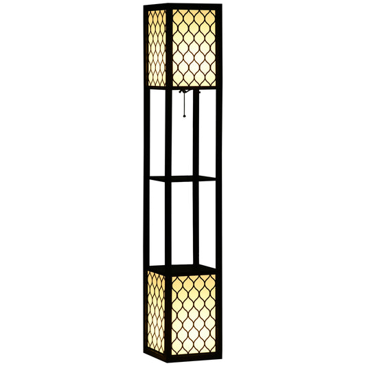 Floor Lamp with Shelves, Modern Tall Standing Lamps with Fabric Lampshade, Chain Switch and Dual Light for Living Room, Bedroom, Bulb not Included, Black