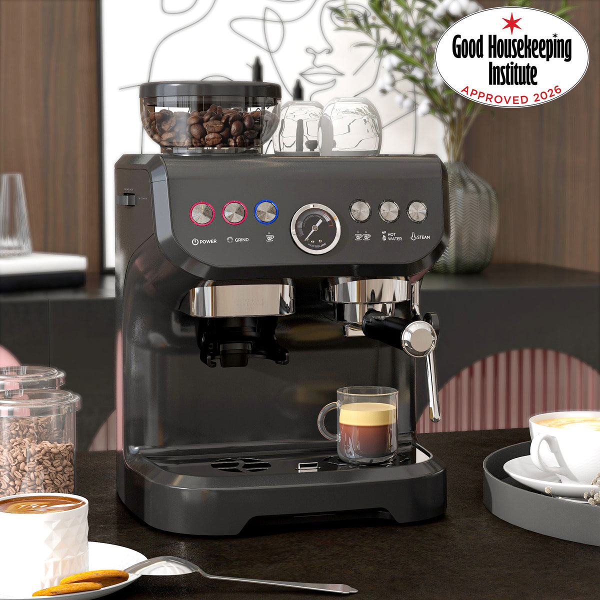 15 Bar Coffee Machine with Adjustable Grind, Steamer and Accessories, Good Housekeeping Institute Approved, Black