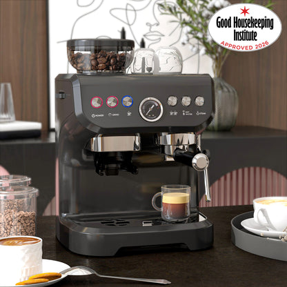 15 Bar Coffee Machine with Adjustable Grind, Steamer and Accessories, Good Housekeeping Institute Approved, Black