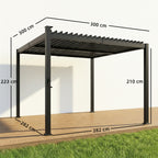Outsunny 3 x 3 m Louvered Pergola with Solar LED lights, Metal Roof, Patio Gazebo Pergola Canopy with Drainage Gutters, Black