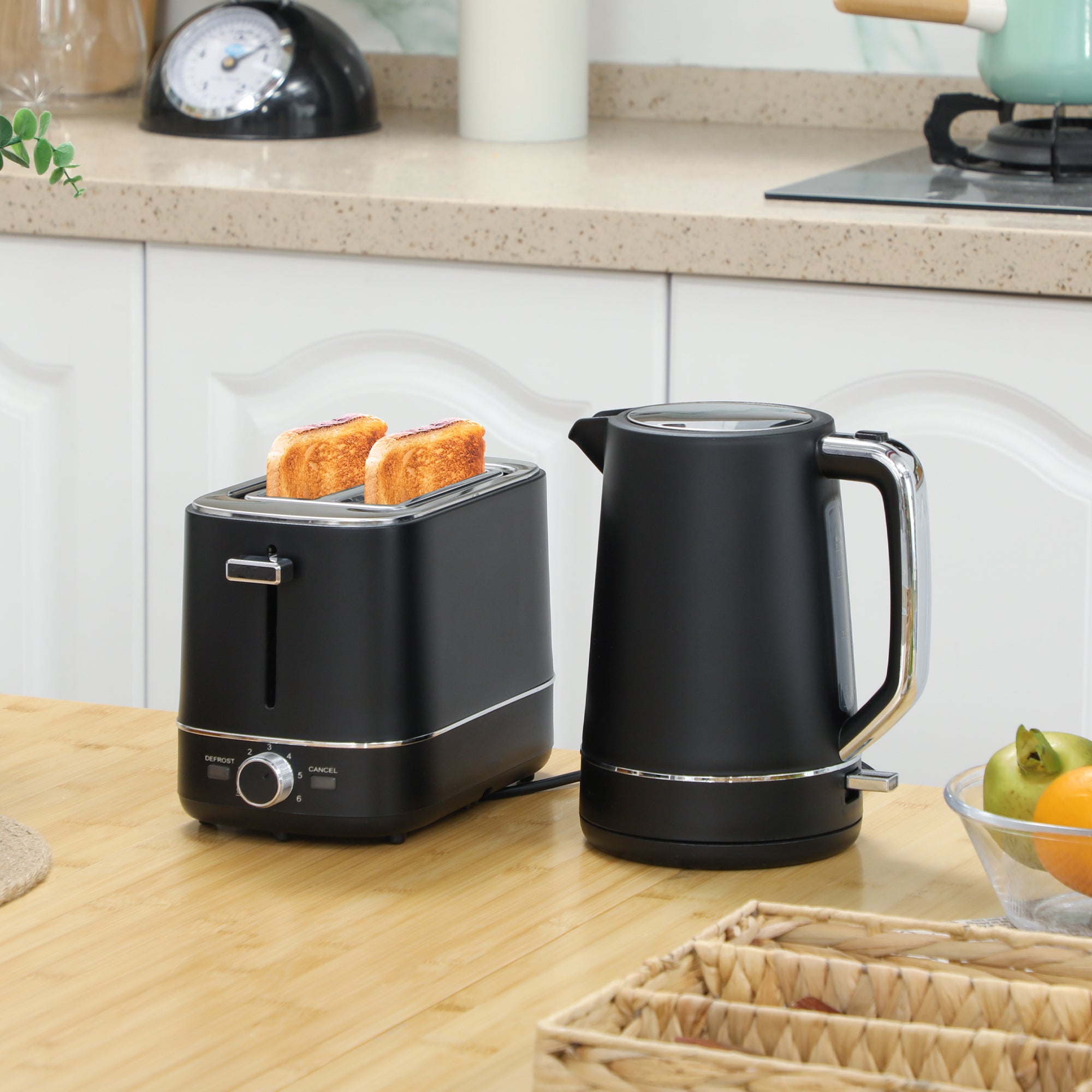 Kettle and Toaster Set, 1.7L 3000W Fast Boil Kettle & 2 Slice Toaster Kitchen Set with 6 Level Browning Controls, Defrost, Reheat, Black
