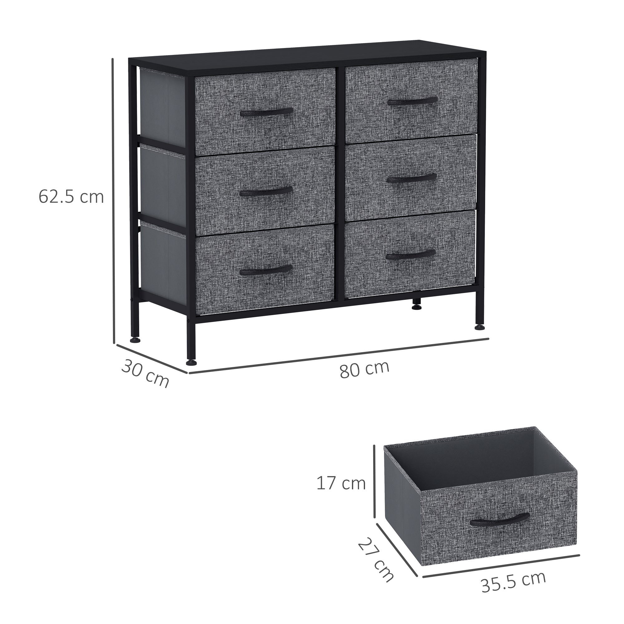 HOMCOM Fabric Chest of Drawers, Industrial Bedroom Dresser with 6 Fabric Drawers, Steel Frame and Wooden Top for Nursery, Living Room, Hallway, Black