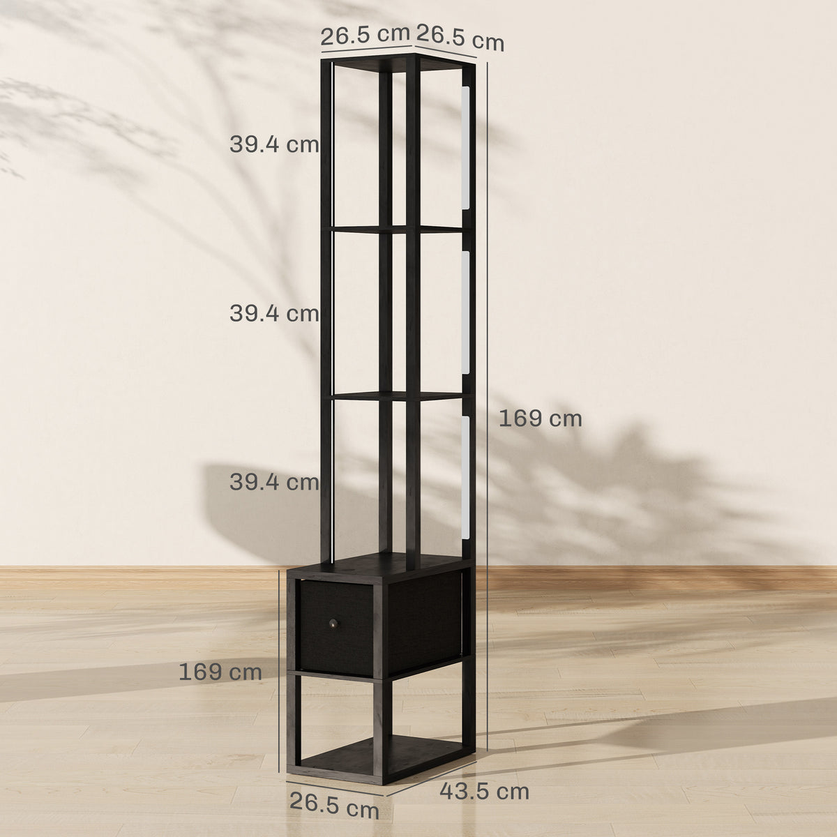 Floor Lamp with Shelves, LED Column Modern Standing Lamp with Fabric Drawer, Adjustable Brightness, Foot Switch for Living Room, Bedroom, Office, Black