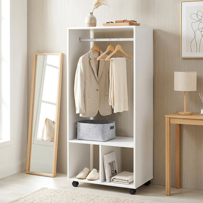 Open Wardrobe on Wheels, Bedroom Wardrobe with Clothes Hanging Rail, 2 Storage Shelves, Mobile Garment Rack for Cloakroom, Hallway, White