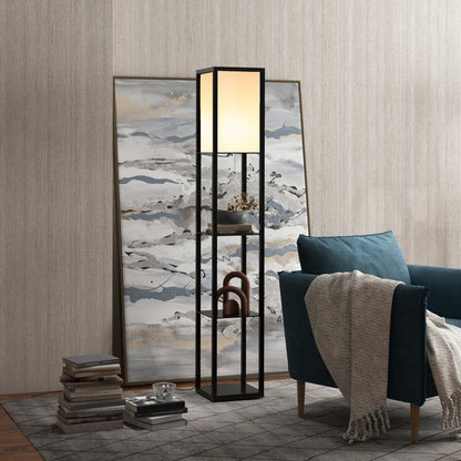 3-Tier Floor Lamp with Shelves and Storage, Modern Standing Lamp with Lampshade, Reading Light with Chain Switch for Living Room, Bedroom, Home Office, Bulb not Included, Black
