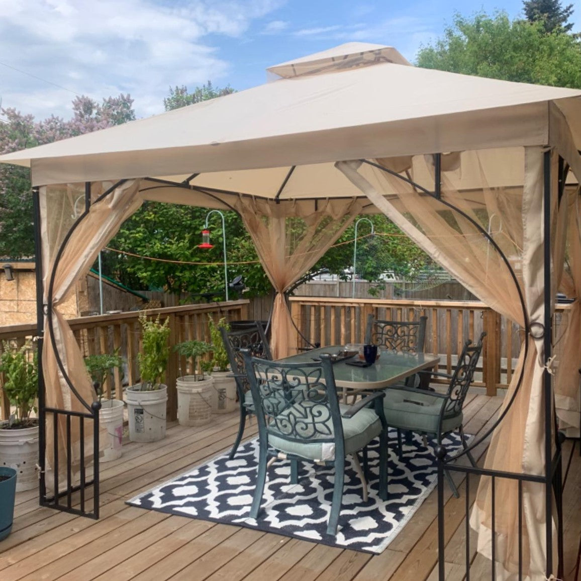 Outsunny 3 x 3(m) Garden Gazebo Patio Party Tent Shelter Outdoor Canopy Double Tier Sun Shade Metal Frame Netting, Beige
