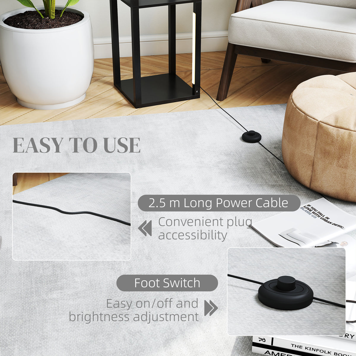 LED Floor Lamp with Shelves, Modern Dimmable Standing Lamp with 3 Brightness Levels and Foot Switch for Living Room, Bedroom, Office, Black