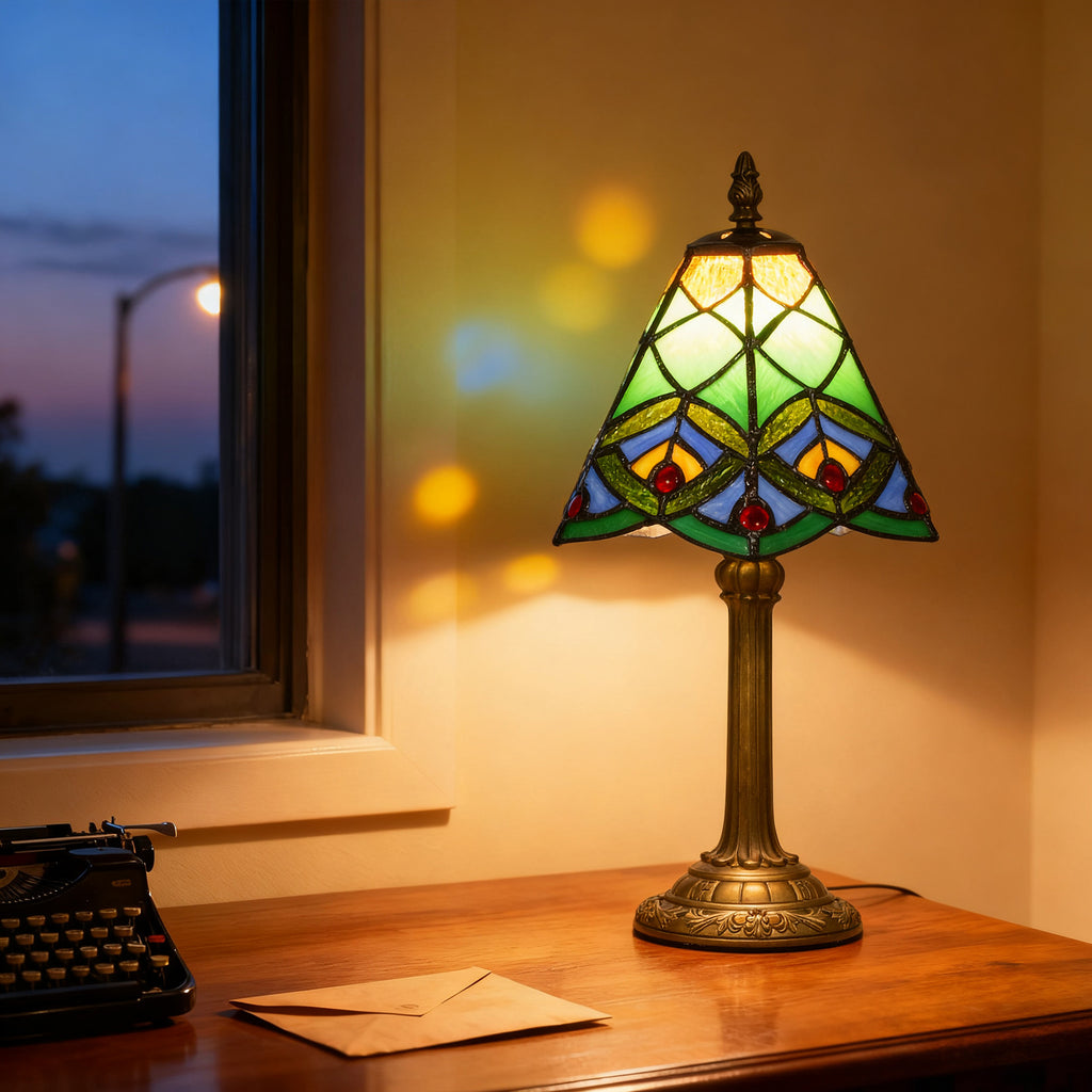 Tiffany-Style Table Lamp with Geometric Patterns, Handcrafted Antique Stained Glass Bedside Lamp for Living Room and Bedroom, E27 Socket, Green