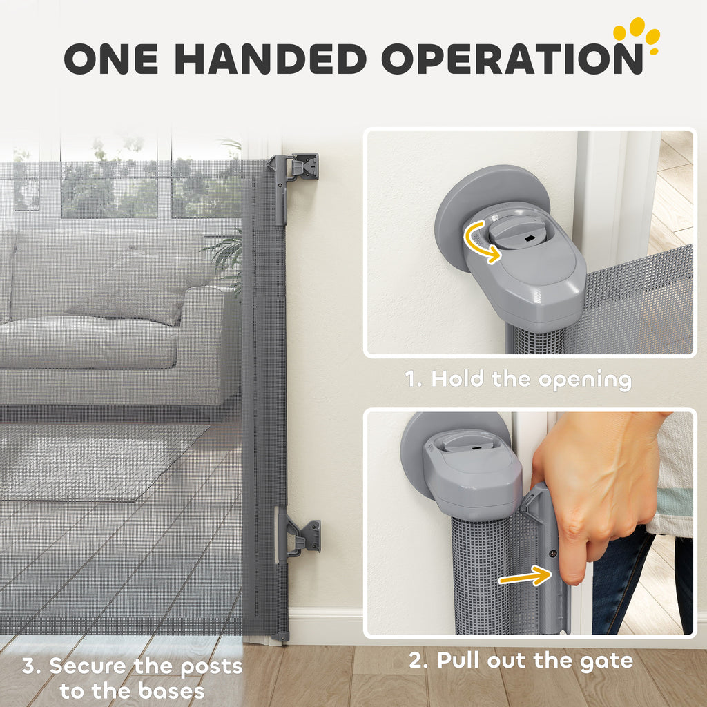 PawHut Retractable Dog Gate, Extends to 140 cm Wide & 93 cm Tall, Mesh Pet Gate with Single Hand Operation, for Stairs Doorways