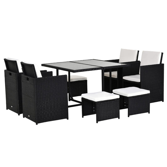 Outsunny 9 Piece Rattan Cube Garden Furniture Dining Set with Armchairs, Footstools and Glass-Top Table, Black