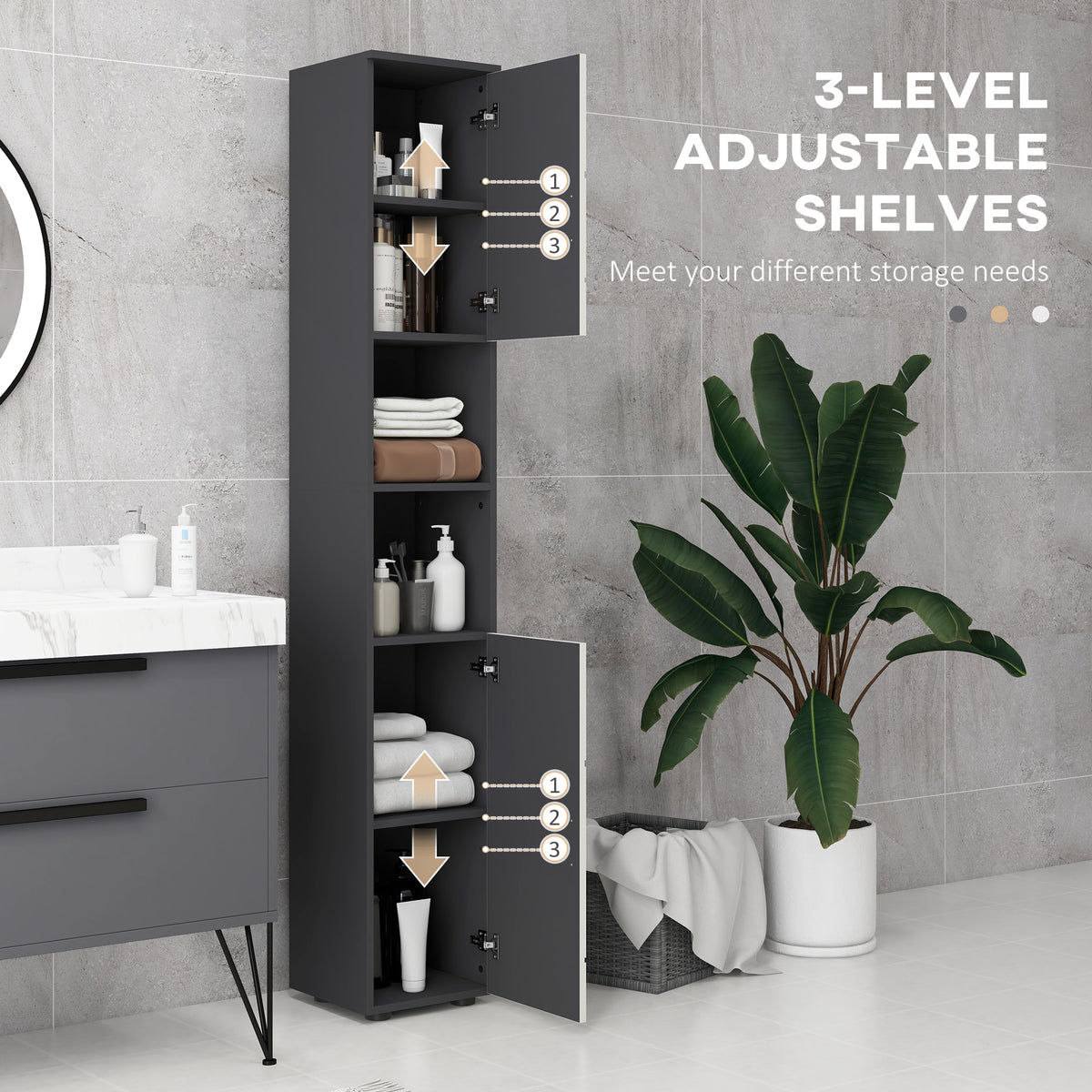kleankin Line Embossed Tall Bathroom Storage Cabinet with Three-position Adjustable Shelves for Minimalist Style - Grey