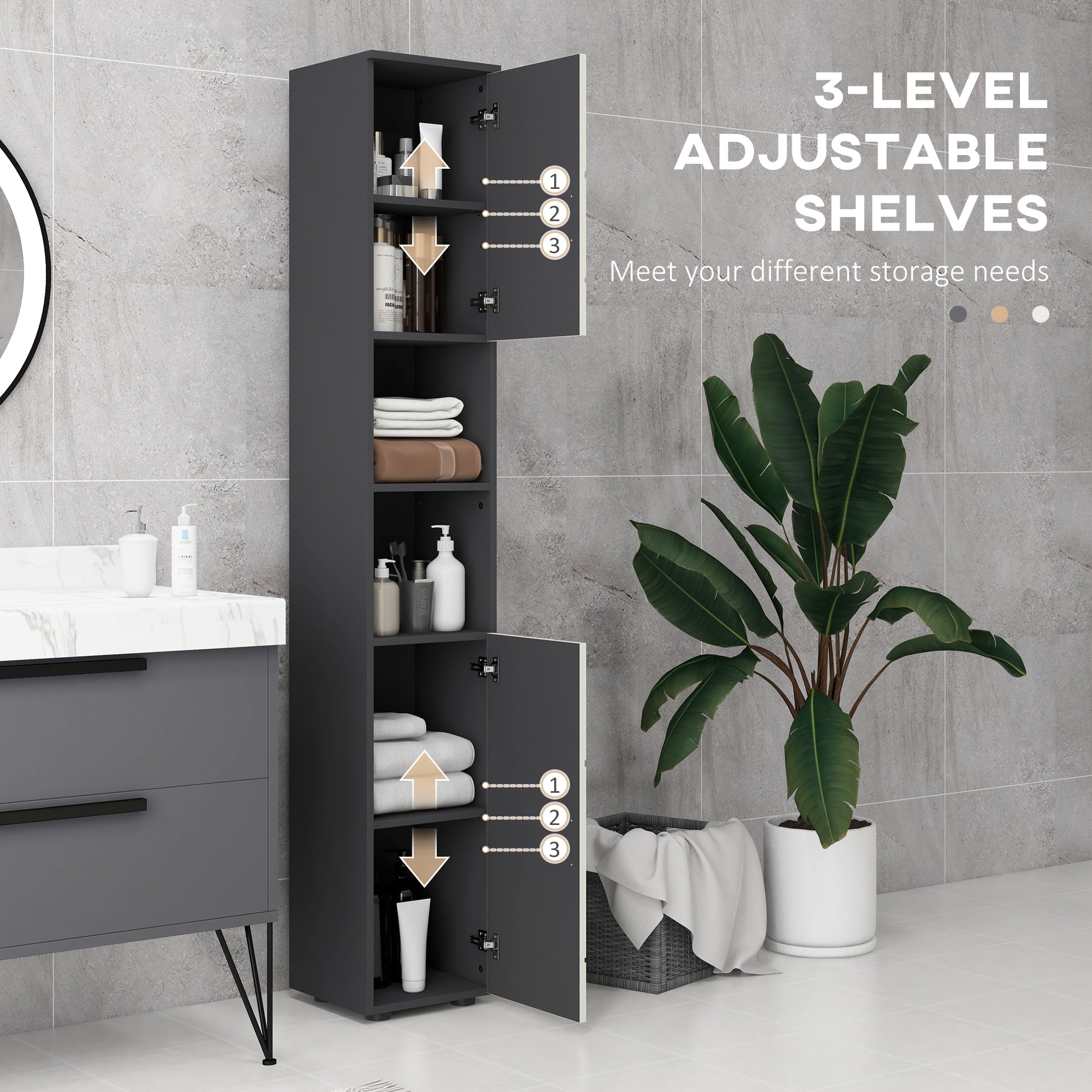 kleankin Line Embossed Tall Bathroom Storage Cabinet with Three-position Adjustable Shelves for Minimalist Style - Grey