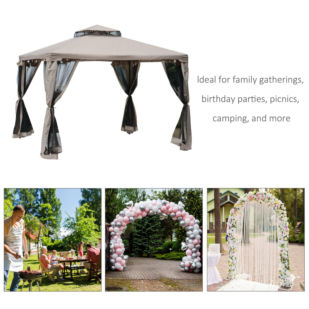 Outsunny Outdoor Gazebo, 2-tier Roof with Netting, 295L x 295W x 263Hcm-Taupe