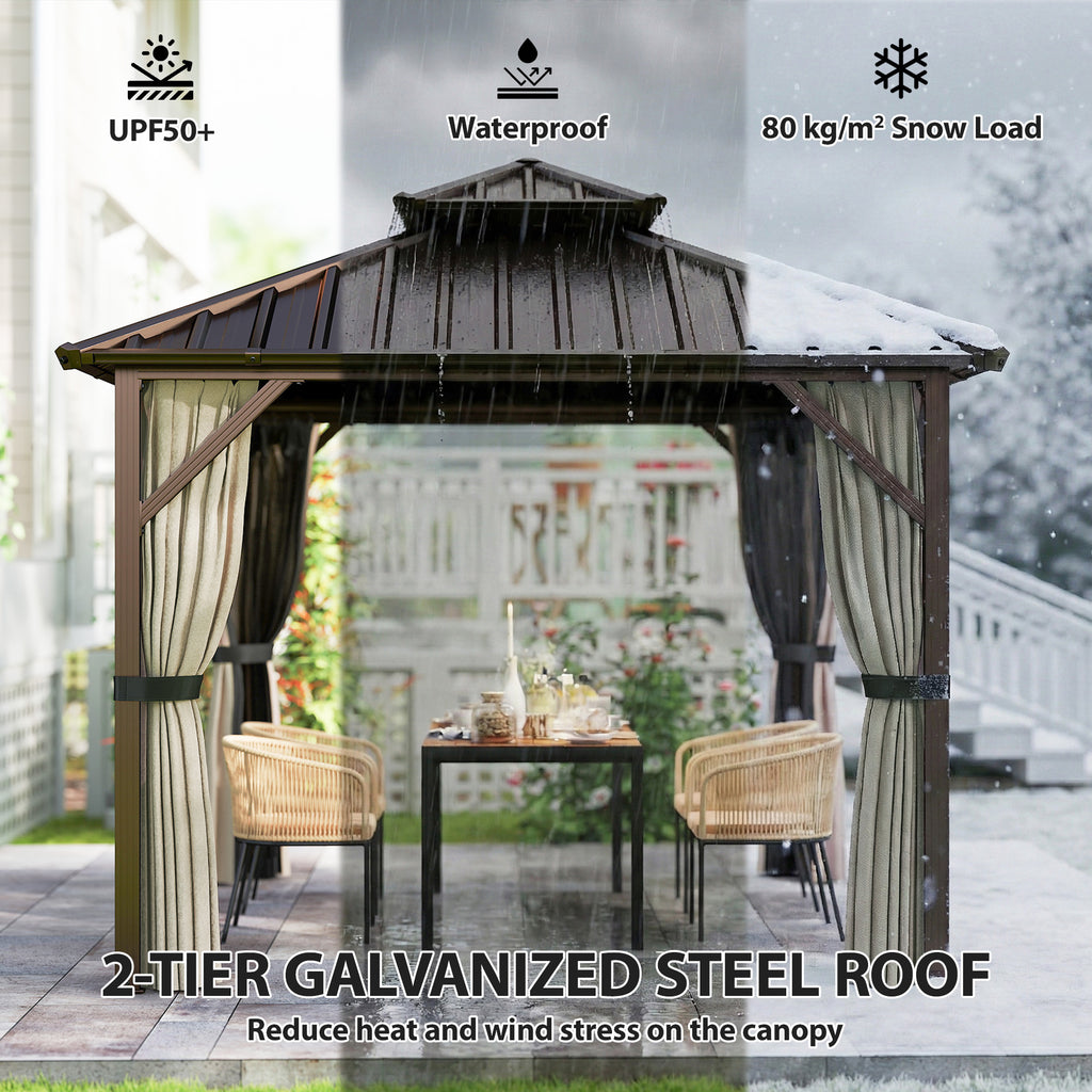 Outsunny 3x3 m Hardtop Gazebo Canopy with UPF50+ Double Galvanised Steel Roof, Aluminium Garden Gazebo Permanent Pavilion, Brown