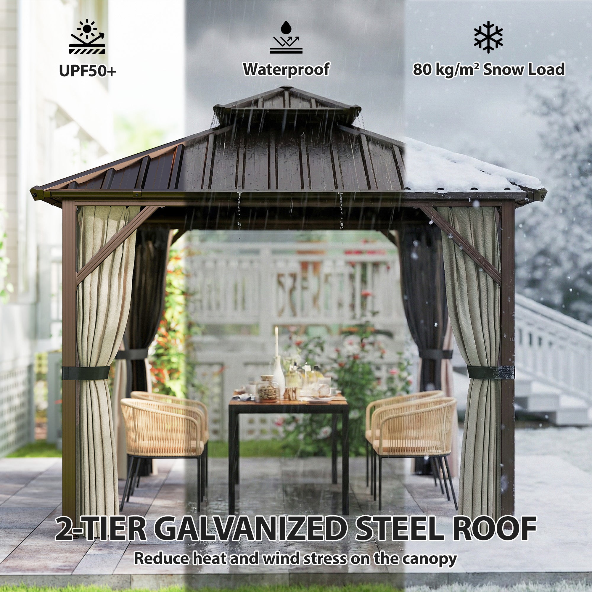 Outsunny 3x3 m Hardtop Gazebo Canopy with UPF50+ Double Galvanised Steel Roof, Aluminium Garden Gazebo Permanent Pavilion, Brown