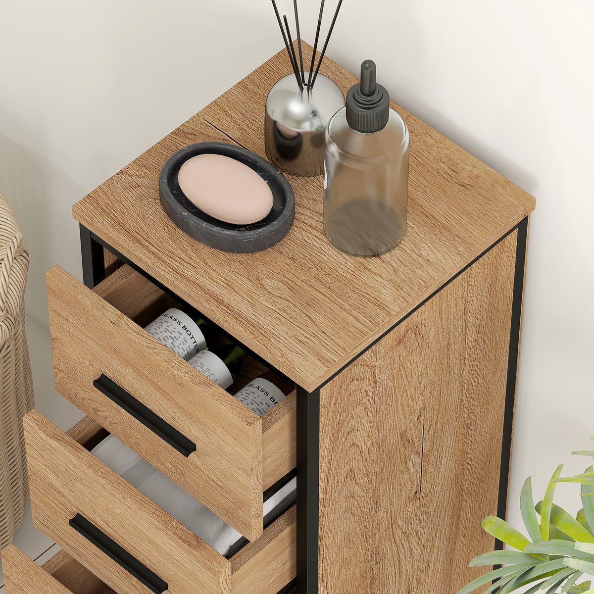 Narrow Bathroom Storage Cabinet with 4 Drawers - Oak