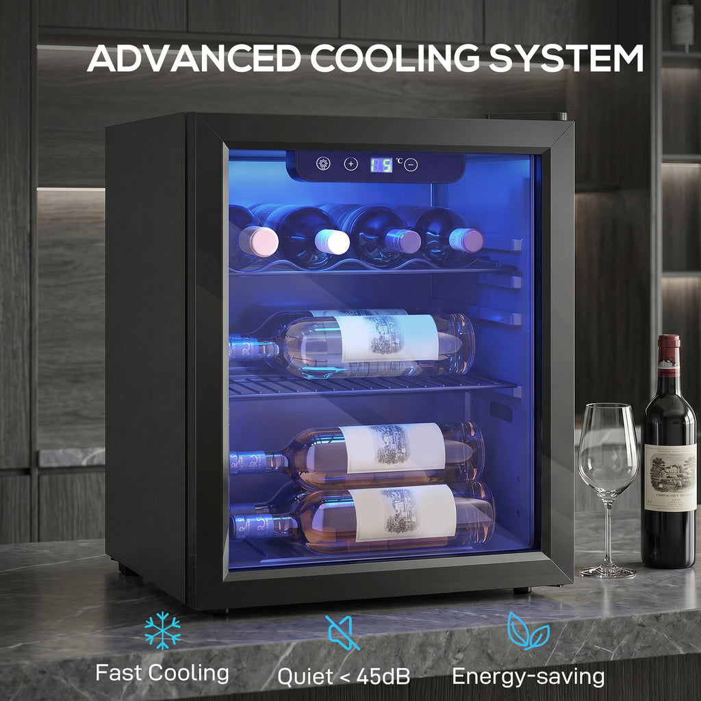 16 Bottle Wine Cooler, 48 Litre Capacity, 4-16°C Tabletop Counter Drinks Wine Fridge with Glass Door, LED Light, Black