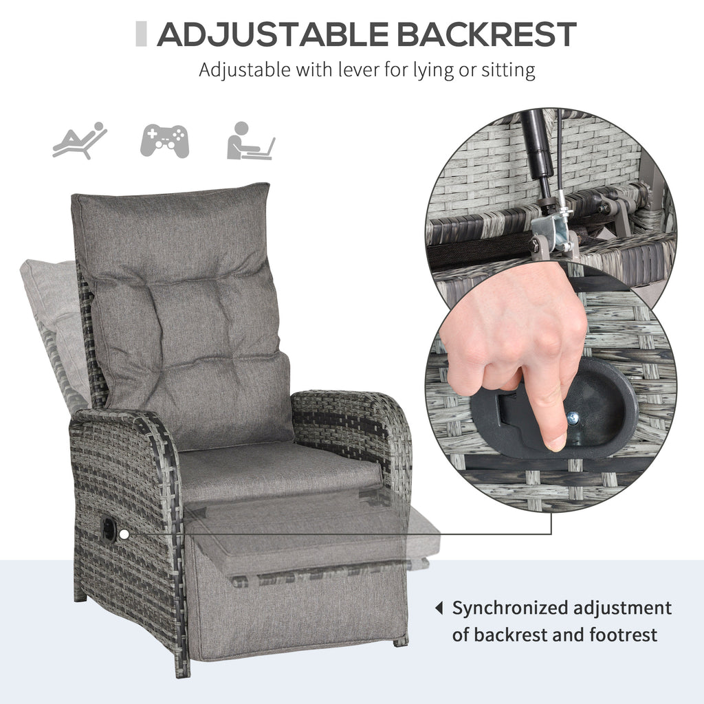 Outsunny 2 Seater Patio Wicker No installation Chaise Lounge Sofa Set with Fabric Cushion, Grey