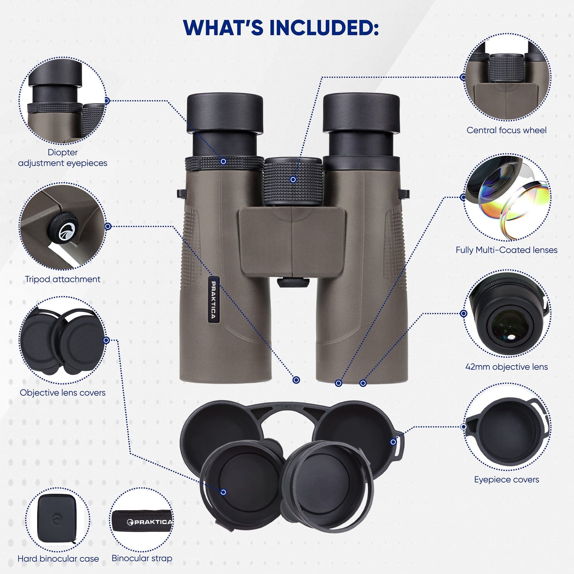 PRAKTICA Pioneer R 10x42mm Binoculars - Brown