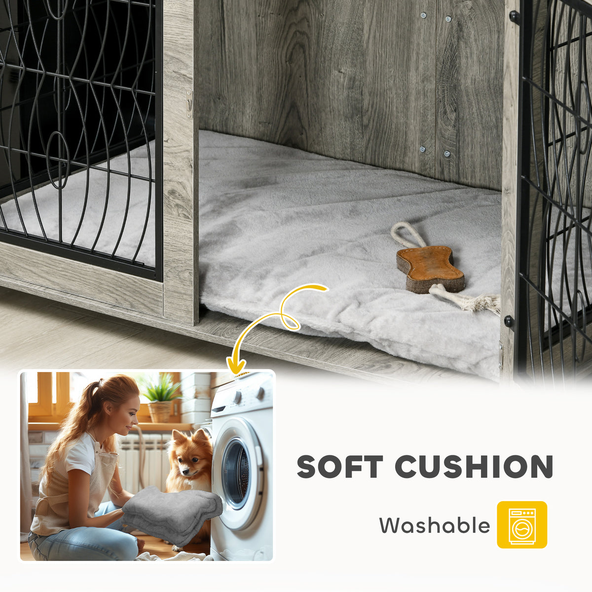 PawHut 46.46'' Dog Crate Furniture Table with Soft Washable Cushion and Lockable Door, for Large Indoor Dogs, Grey