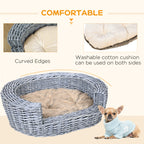 PawHut Wicker Pet Bed Willow Dog Cat Sofa Puppy Basket with Cushion Grey 57L x 46W x 17.5H cm