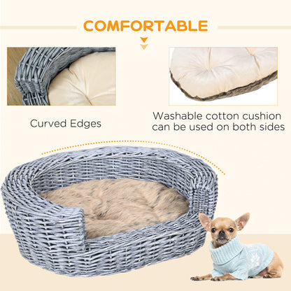 PawHut Wicker Pet Bed Willow Dog Cat Sofa Puppy Basket with Cushion Grey 57L x 46W x 17.5H cm
