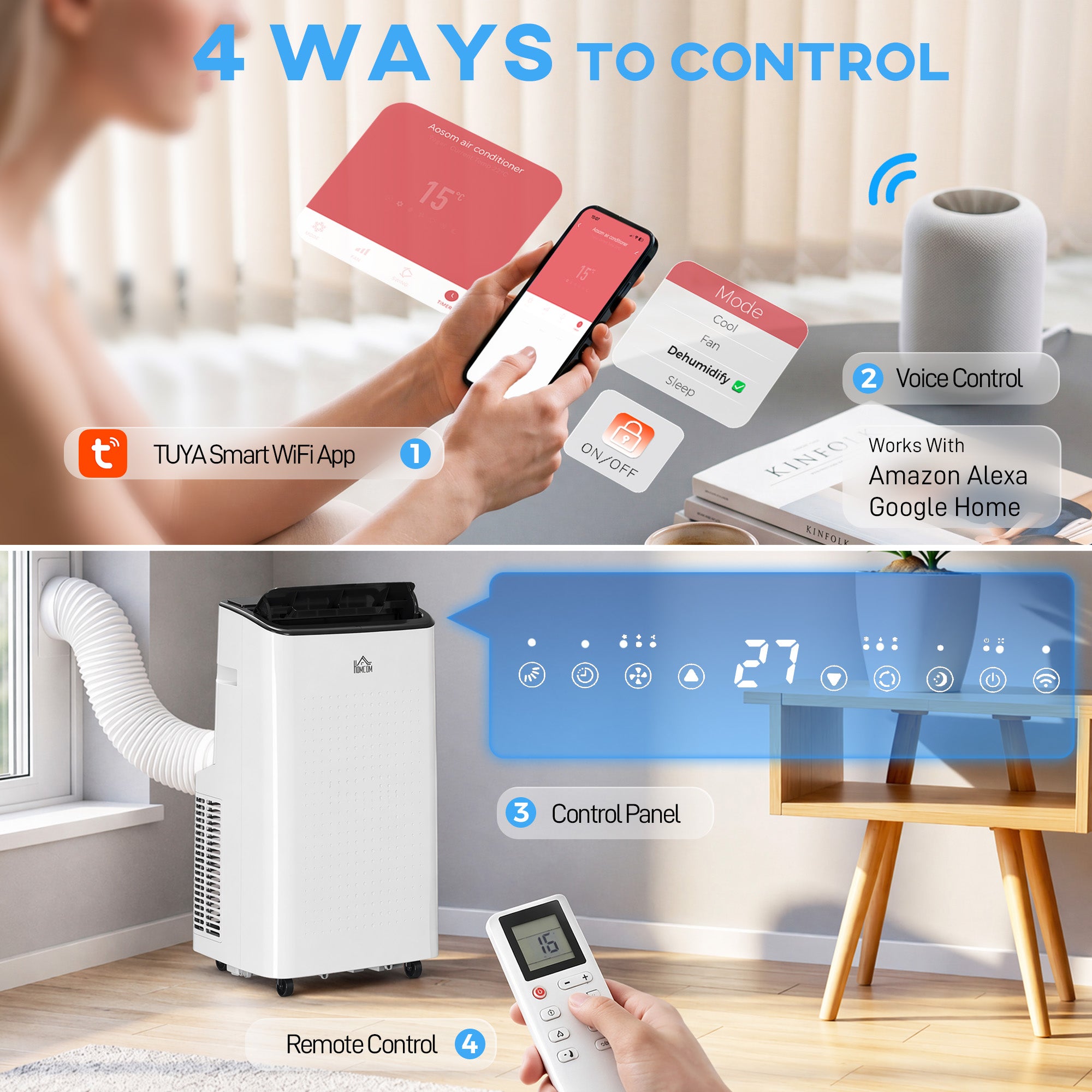 14000 BTU Mobile Air Conditioner for Room up to 35m², Smart Home WiFi Compatible, with Dehumidifier, Fan, 24H Timer