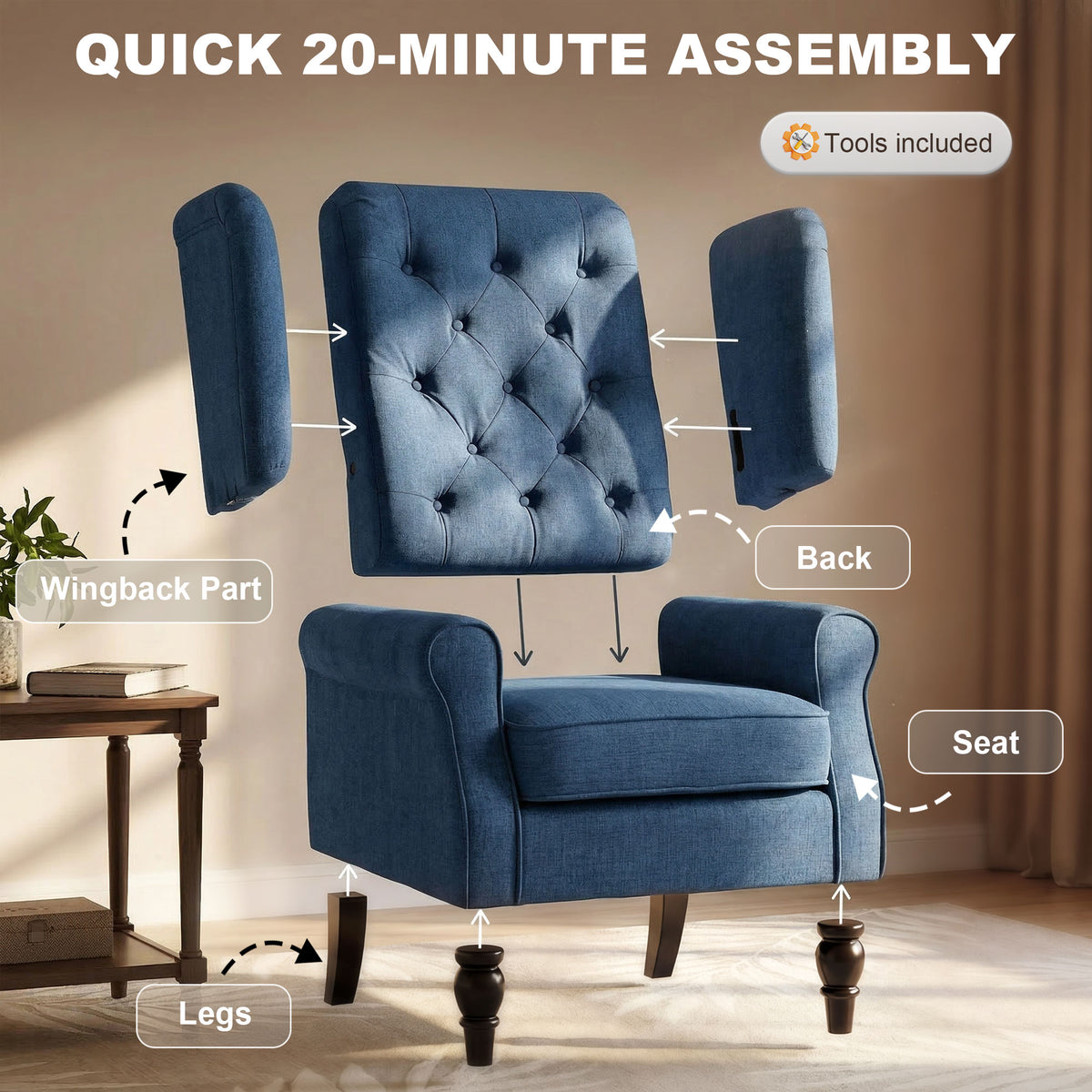 Wingback Accent Chair, Retro Upholstered Button Tufted Occasional Chair for Living Room and Bedroom, Blue