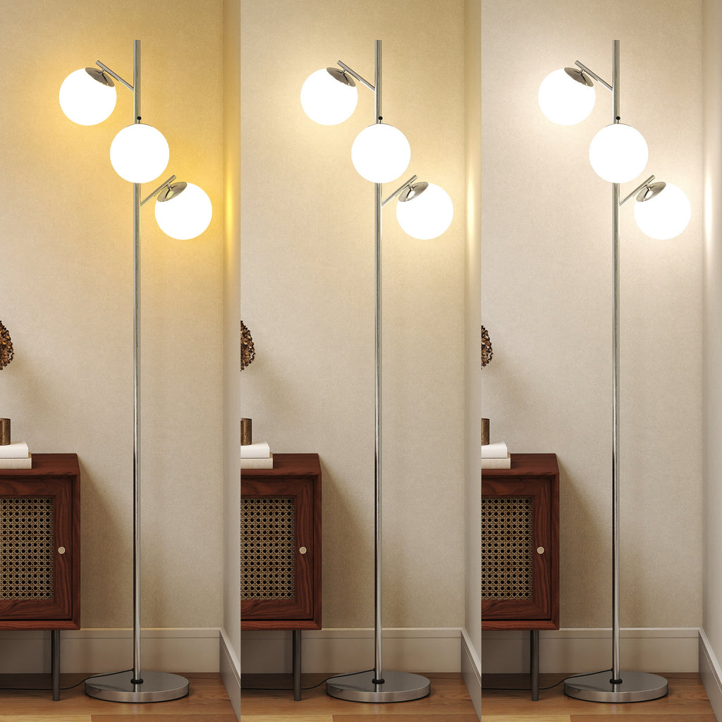 3-Light Tree Floor Lamps for Living Room, Modern Standing Lamp for Bedroom with Globe Lampshade, 3000K/4000K/6000K Colour Temperatures, Steel Base, Silver Tone