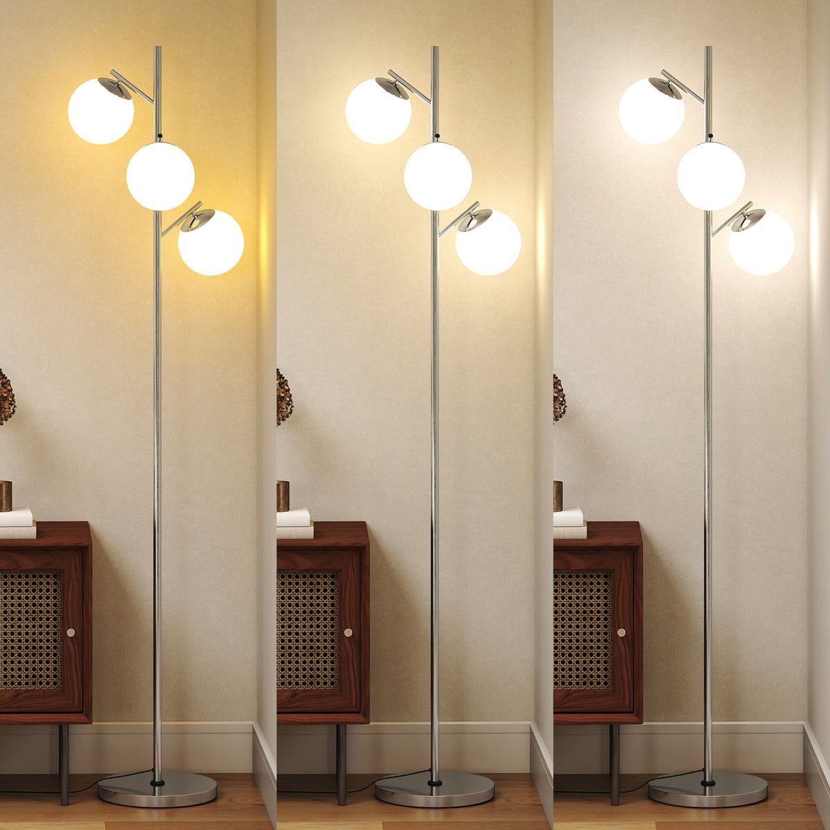 3-Light Tree Floor Lamps for Living Room, Modern Standing Lamp for Bedroom with Globe Lampshade, 3000K/4000K/6000K Colour Temperatures, Steel Base, Silver Tone