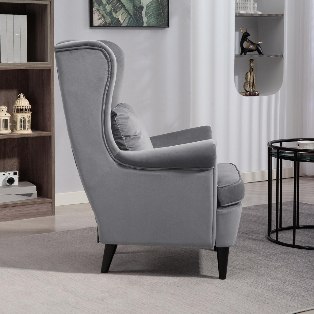 HOMCOM Modern Accent Chair with High Backrest and Pillow, Velvet-Feel Fabric Reading Chair with Solid Wood Legs, Grey
