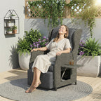Outsunny Rattan Garden Recliner Chair, Reclining Garden Chair with Adjustable Back and Footrest, Flip Table, Cushion, Dark Grey