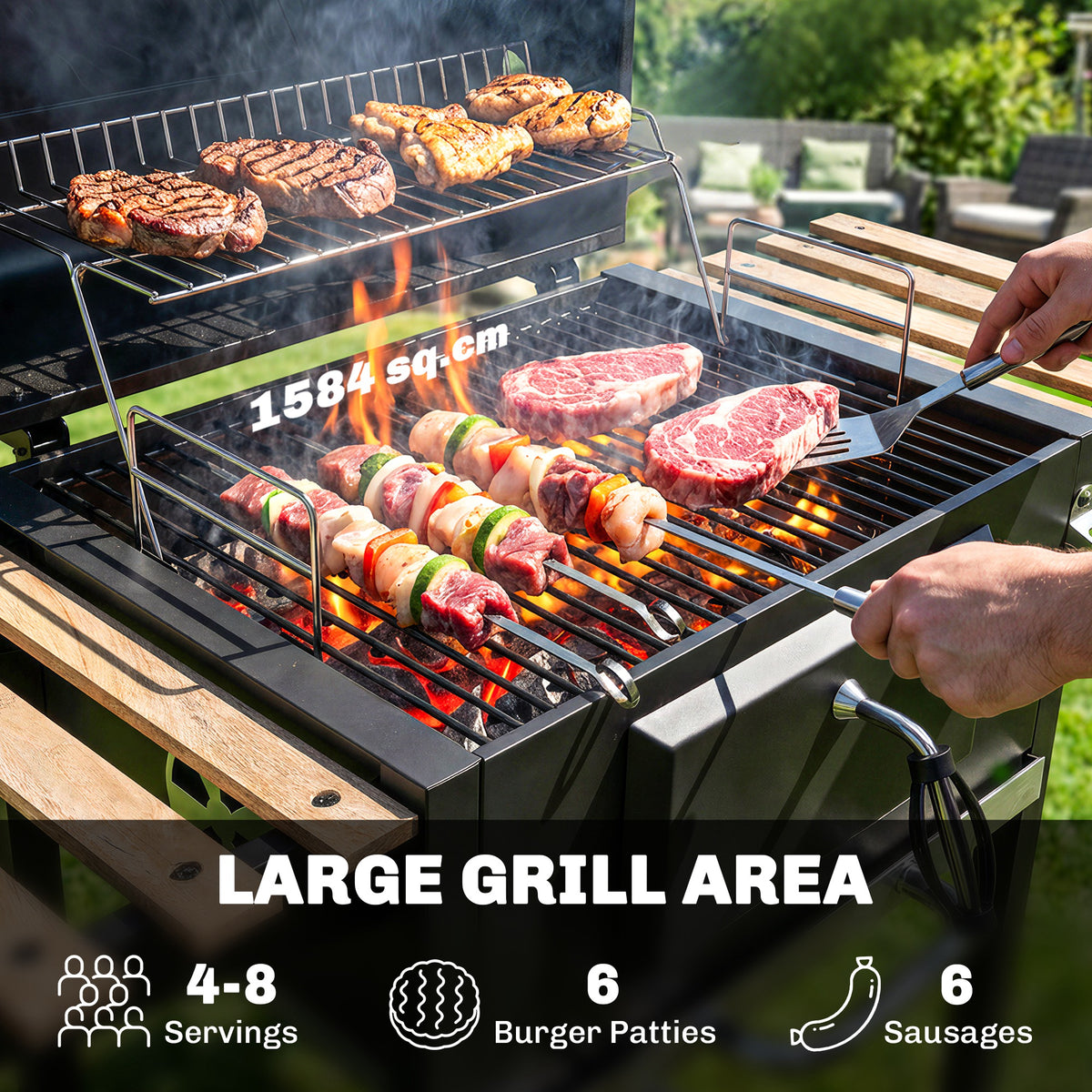 Outsunny Charcoal BBQ Grill with Height Adjustable Charcoal Pan, Barbecue Smoker with Warming Rack, 3 Shelves, Temperature Gauge, Wheels, Bottle Opener for Outdoor Cooking Garden Party